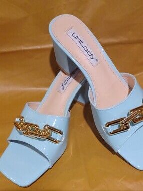 Light Blue Patent Block Heel Slide with Gold Chain